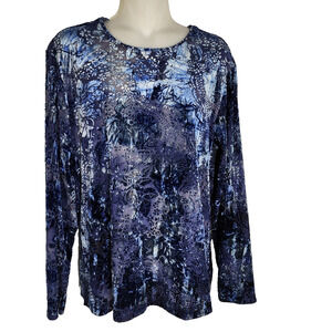 Chico's Women Velvet Burnout Top Large Floral Long Sleeve Blue Whimsigoth Witchy
